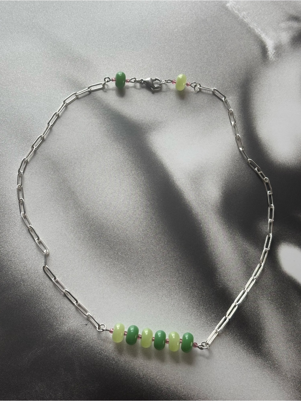 Delicate Green Bead Silver Chain Necklace - Women Jewelry